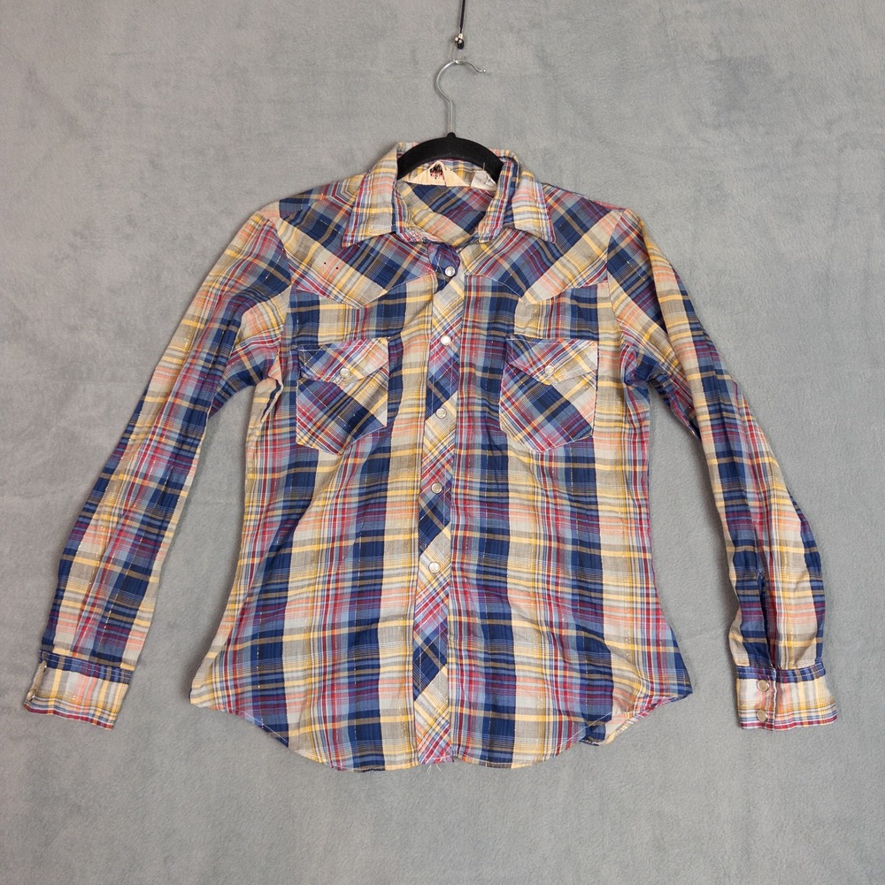 Licorice Western Shirt Womens Medium Plaid Good Vintage 70s Pearl Snap Lurex